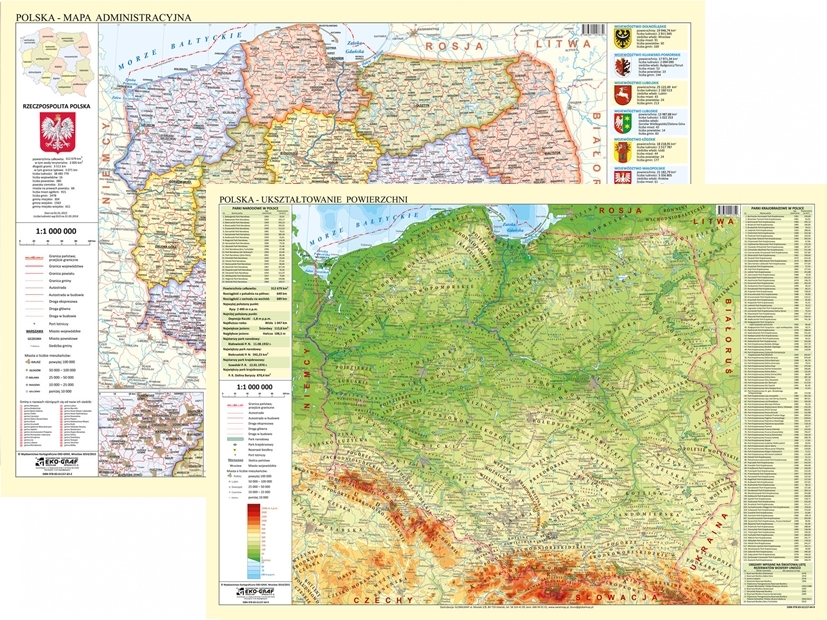 mapa administracyjno fizyczna Mapa ścienna Polska adm fizyczna 1:1mln, 104x70cm. Eko Graf