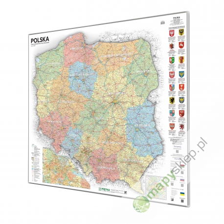 Polska Administracyjno-drogowa (tablice rejestracyjne) 105x94cm. Mapa w ramie aluminiowej.