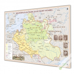 Rzeczpospolita polska od połowy XVI do połowy XVII wieku/Wielkie Odkrycia Geograficzne 140x100cm. Mapa w ramie aluminiowej.